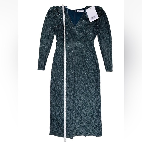 Mac Duggal Long Sleeve Beaded Lace Sequin Green Midi Cocktail Dress Sz 4 NWT - Picture 16 of 16